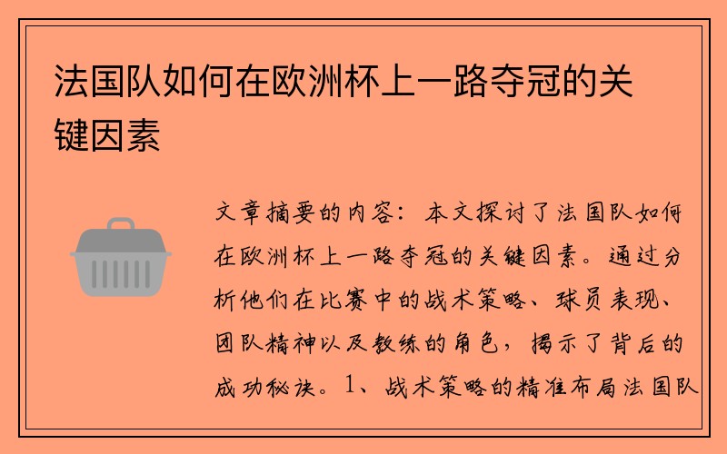 法国队如何在欧洲杯上一路夺冠的关键因素